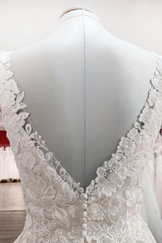 Simple V-Neck Long A-Line Tulle Lace Wedding Dress with Open Back and Appliques BM bride