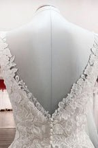 Simple V-Neck Long A-Line Tulle Lace Wedding Dress with Open Back and Appliques BM bride