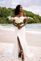 Simple Mermaid Sweetheart Off-the-Shoulder Long Wedding Dress with Slit BM bride