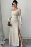 One Shoulder Long Sleeves Long Split Prom Dress With Pleated