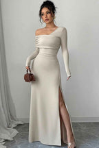 One Shoulder Long Sleeves Long Split Prom Dress With Pleated