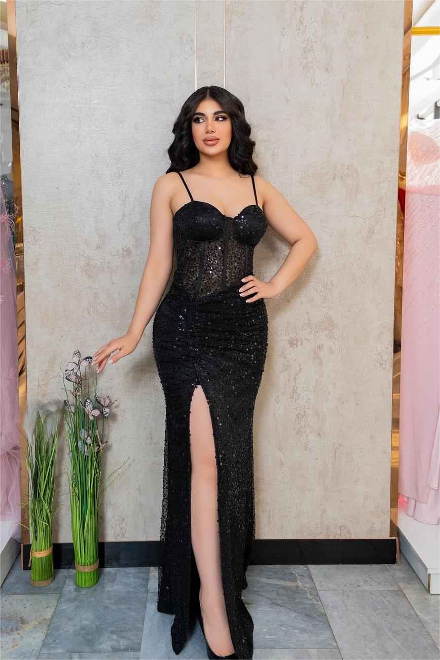 Black Sequins Spaghetti Strap Sweetheart Sleeveless Long Prom Dress With Split