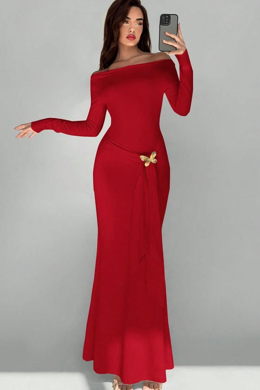 Off the Shoulder Long Sleeves Long Mermaid Prom Dress With Appliques BMBRIDE