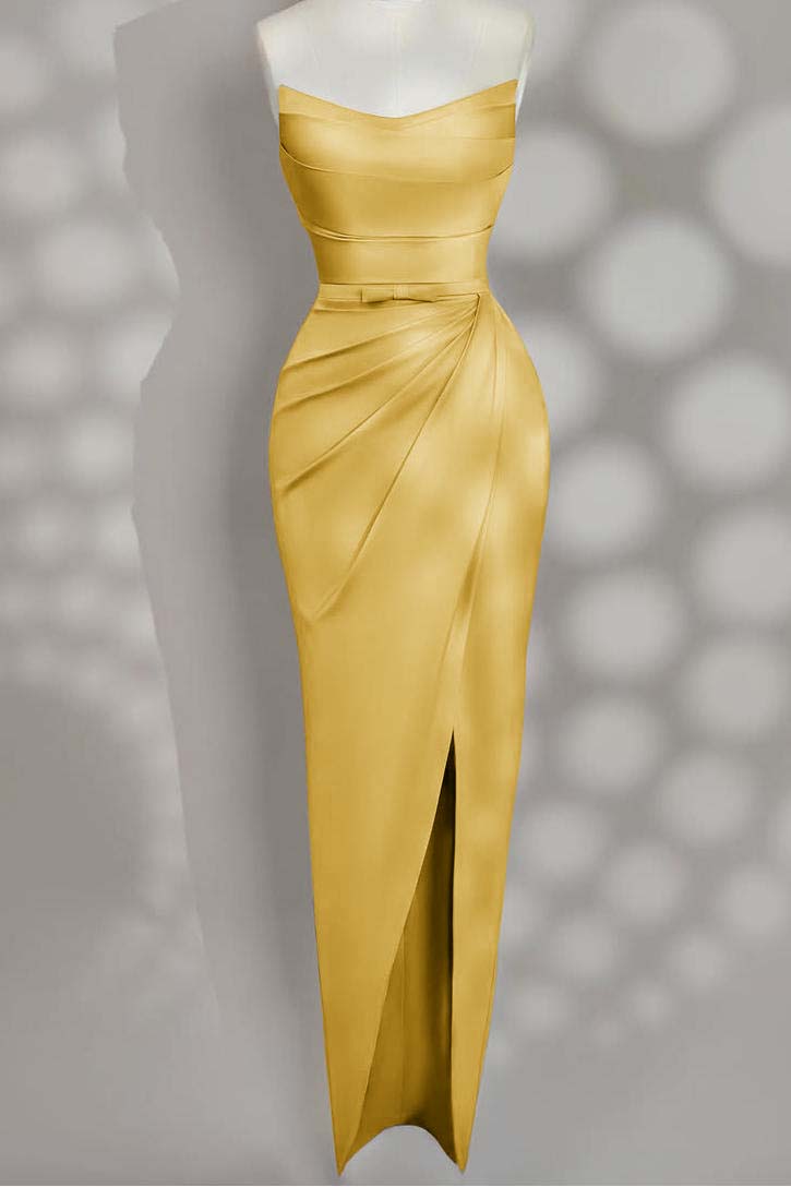 Strapless Sleeveless Long Split Prom Dress With Pleated Bowknot BMBRIDE