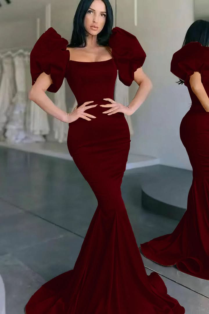 Yellow Square-Neck Bubble Sleeve Mermaid Long Prom Dress BM bride