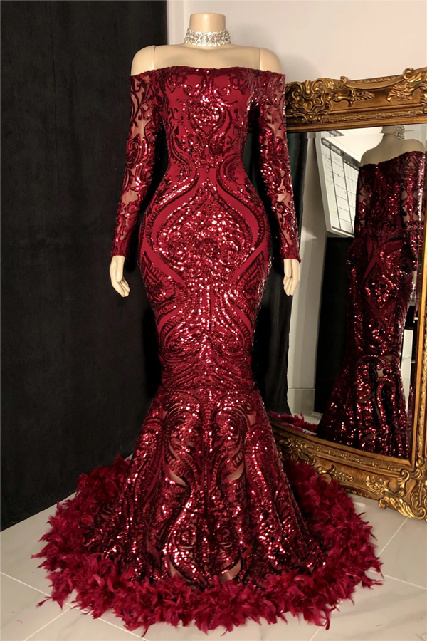 Long Sleeve Burgundy Sequined Mermaid Prom Dress with Feathers BM bride