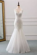 V-Neck Tulle Long Mermaid Wedding Dress with Beading BM bride
