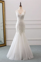 V-Neck Tulle Long Mermaid Wedding Dress with Beading BM bride