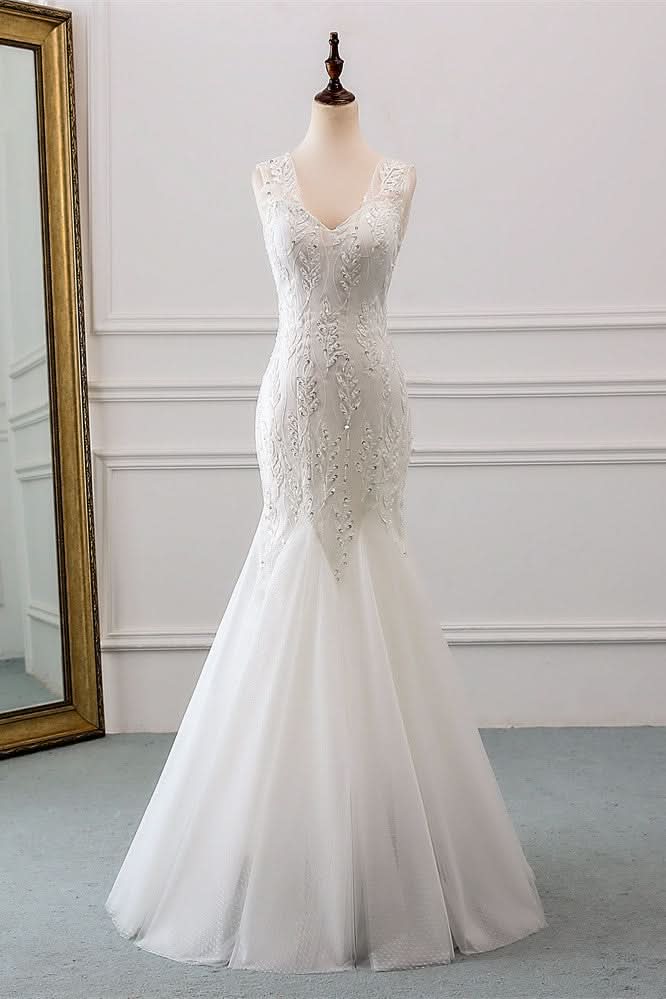 V-Neck Tulle Long Mermaid Wedding Dress with Beading BM bride