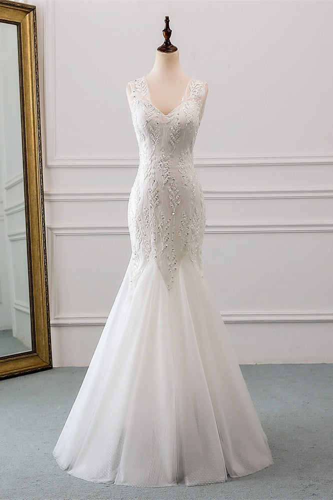 V-Neck Tulle Long Mermaid Wedding Dress with Beading BM bride