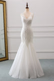 V-Neck Tulle Long Mermaid Wedding Dress with Beading BM bride