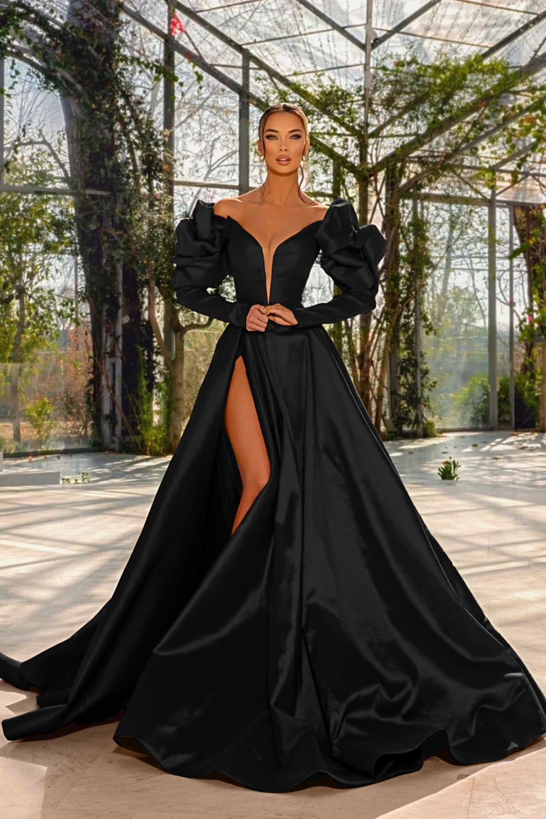Sexy Prom Dress Red V Neck Bubble Long Sleeves With High Split BMBRIDE