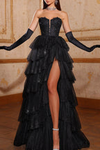 Formal Prom Dress Long Sleeveless V Neck Tulle Gown with Slit Gloves BM bride
