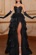 Formal Prom Dress Long Tulle With Slit Gloves Gown V Neck Sleeveless