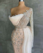 Chic White Mermaid Appliques Prom Dress Beaded With Long Sleeve Ruffles