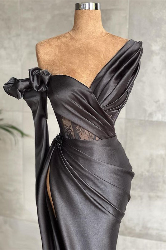 Black One Shoulder Long Sleeve Lace Pleated Long Prom Dress With Side Split