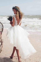 Boho Sleeveless Hi-Lo A-line Bateau Lace Beach Wedding Dress BM bride