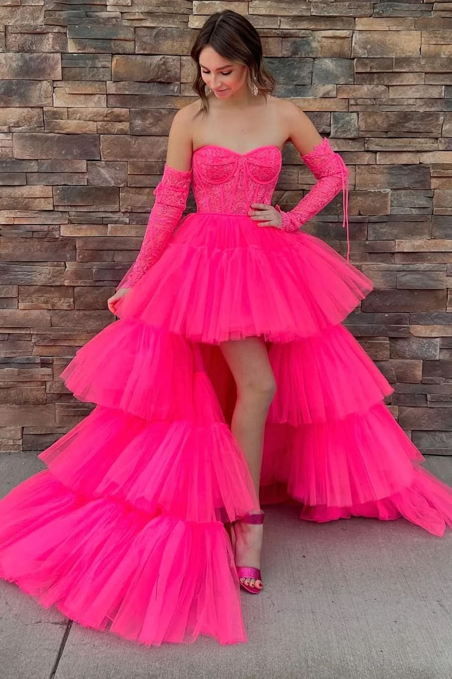 Charming A-Line Asymmetrical Strapless Tiered Tulle Prom Dress BM bride