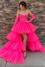 Charming A-Line Asymmetrical Strapless Tiered Tulle Prom Dress BM bride