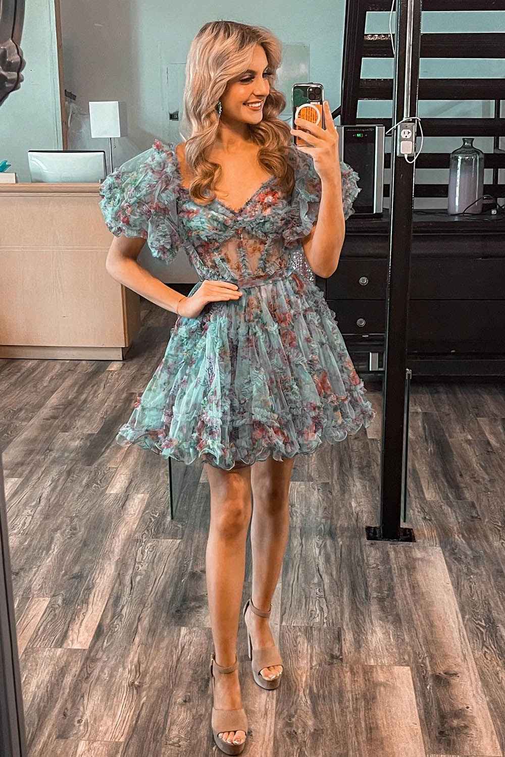 Lavender Floral A-Line Short Homecoming Dress Bmbride