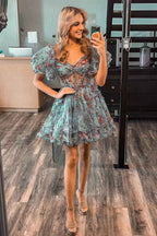 Purple Floral Off the Shoulder A-Line Short Homecoming Dress Bmbride
