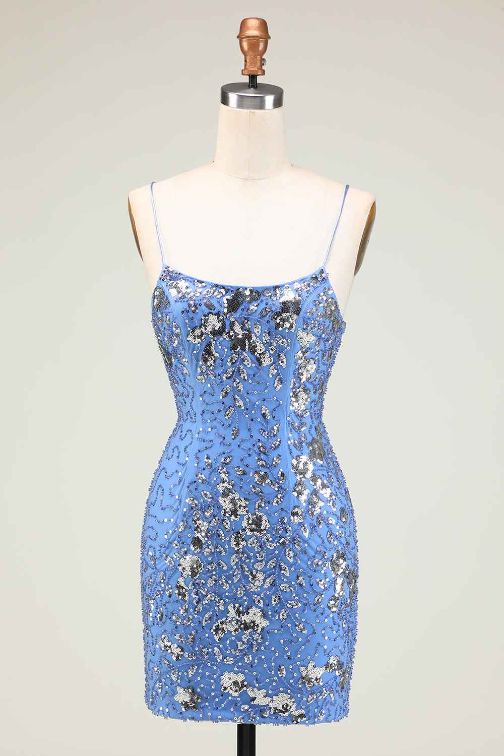 Sparkly Blue Sequined Beaded Backless Tight Short Homecoming Dress
