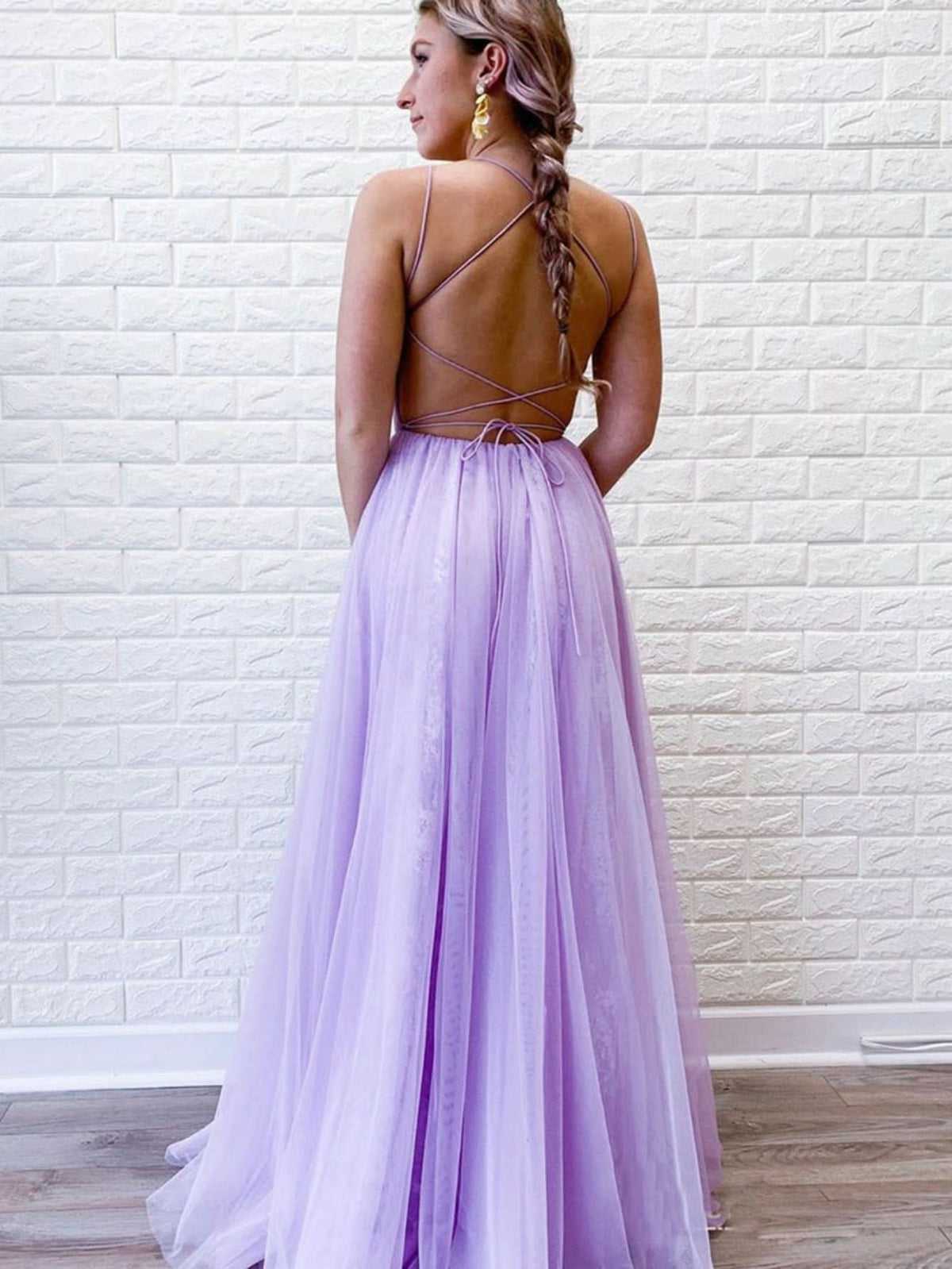 Lovely A Line Purple Backless Tulle Long Prom Dress BM bride