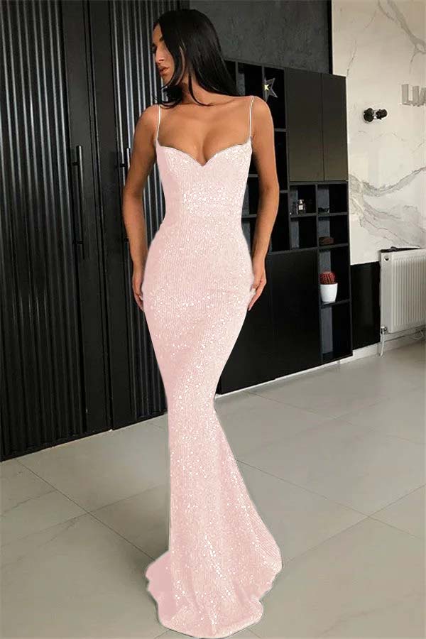 Elegant Black Spaghetti Strap Mermaid Prom Dress With Sequins BMBRIDE