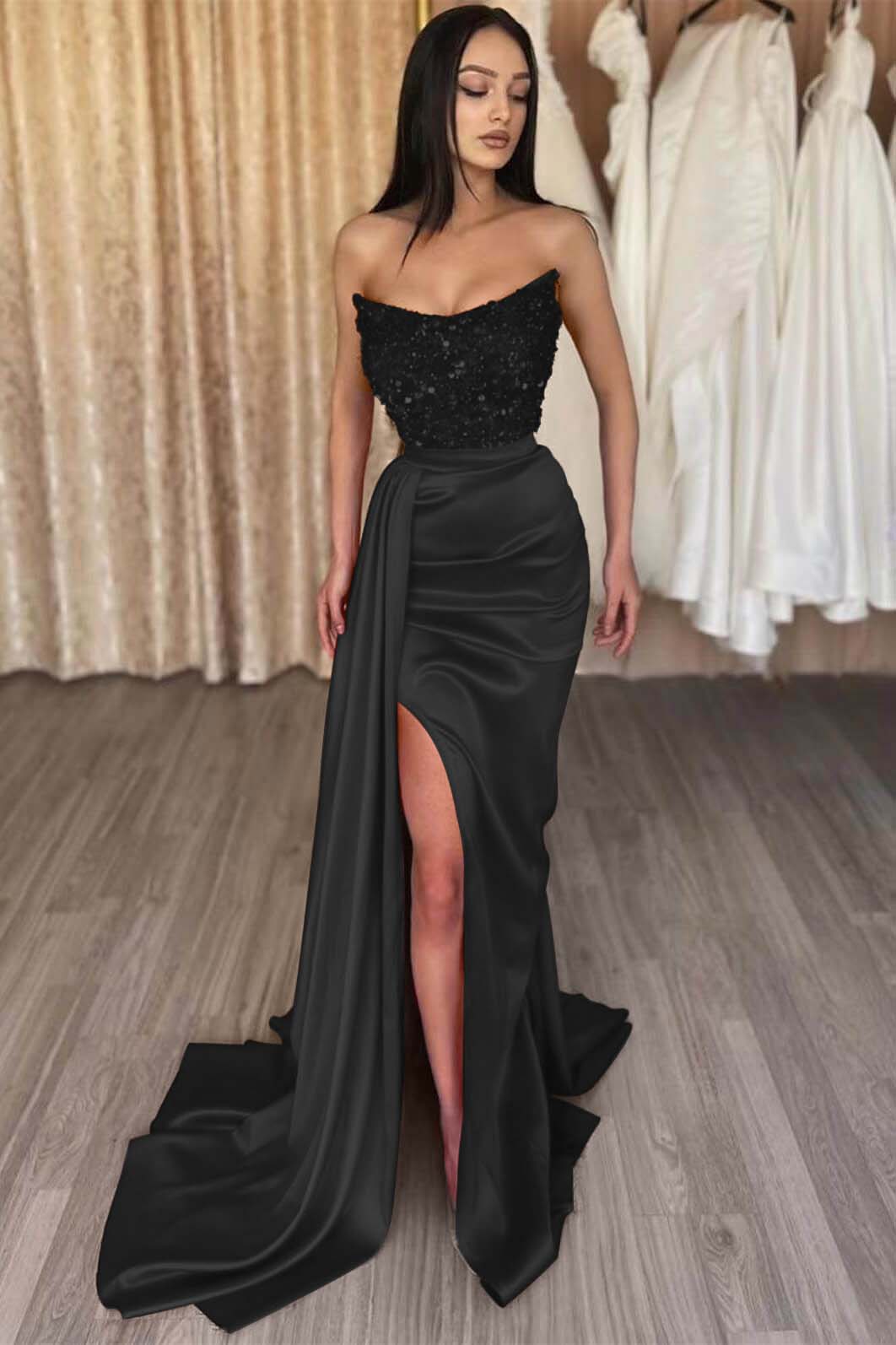 Red Strapless Elegant Sleeveless Long Sequins Prom Dress Mermaid Side Split BMBRIDE
