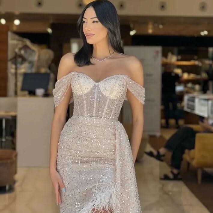 Charming Champagne Off-The-Shoulder Sequined Prom Dress with Feather BM bride