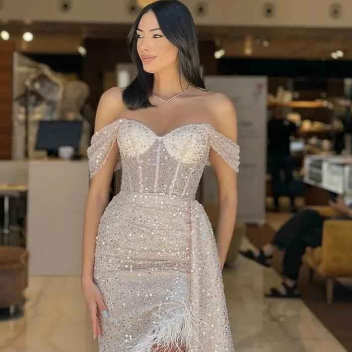 Off the Shoulder Charming Champagne Sequins Prom Dress With Feather