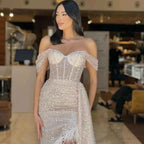 Off the Shoulder Charming Champagne Sequins Prom Dress With Feather