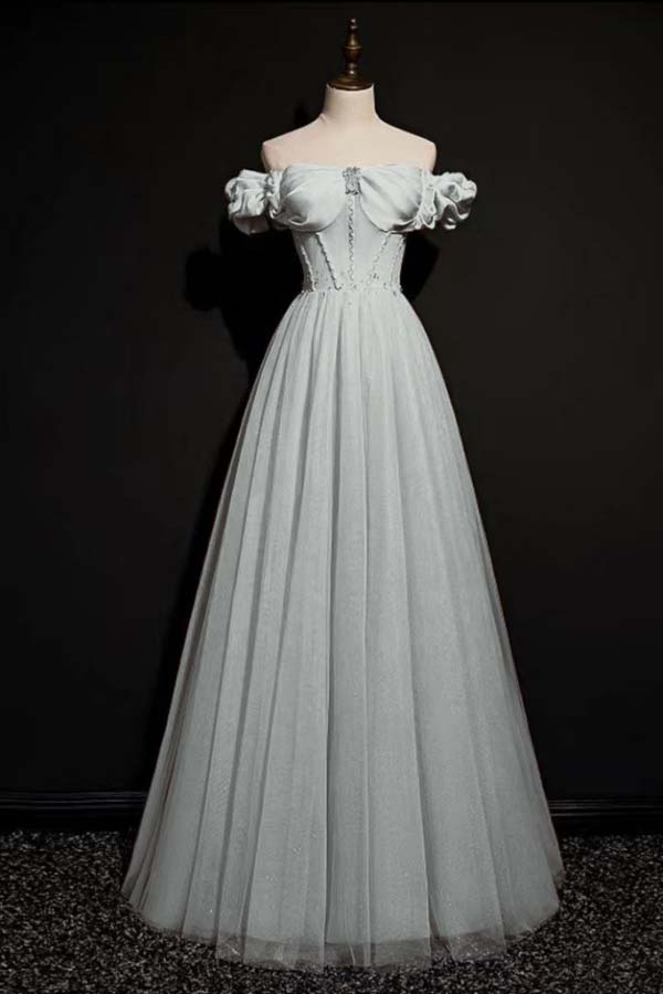 Off the Shoulder Strapless Sleeveless Long Prom Dress With Tulle BMBRIDE