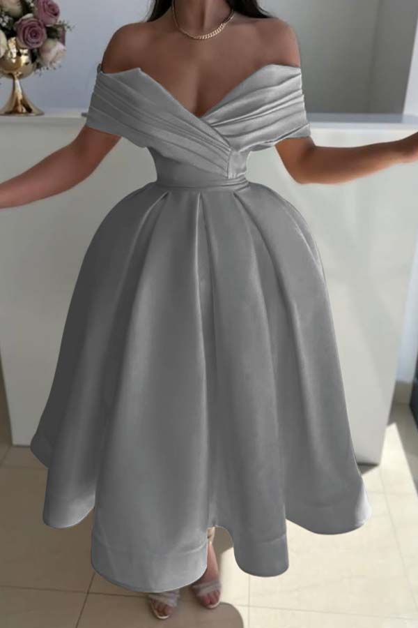 Off the Shoulder Sleeveless A Line Prom Dress With Pleated BMBRIDE