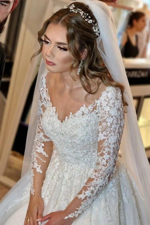 Gorgeous White A-Line V-Neck Lace Wedding Dress with Long Sleeves BM bride