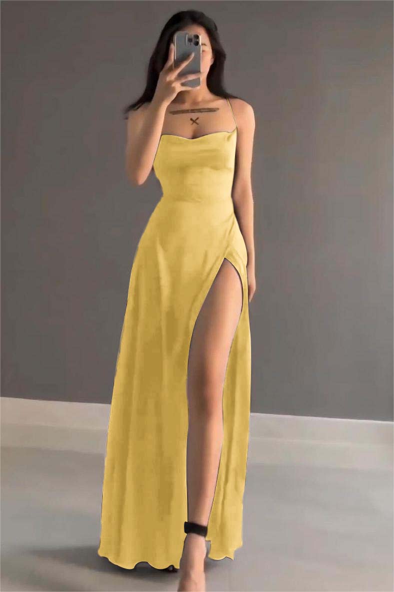 Simple Black Stain Spaghetti Strap Sleeveless Long Prom Dress With Split BMBRIDE