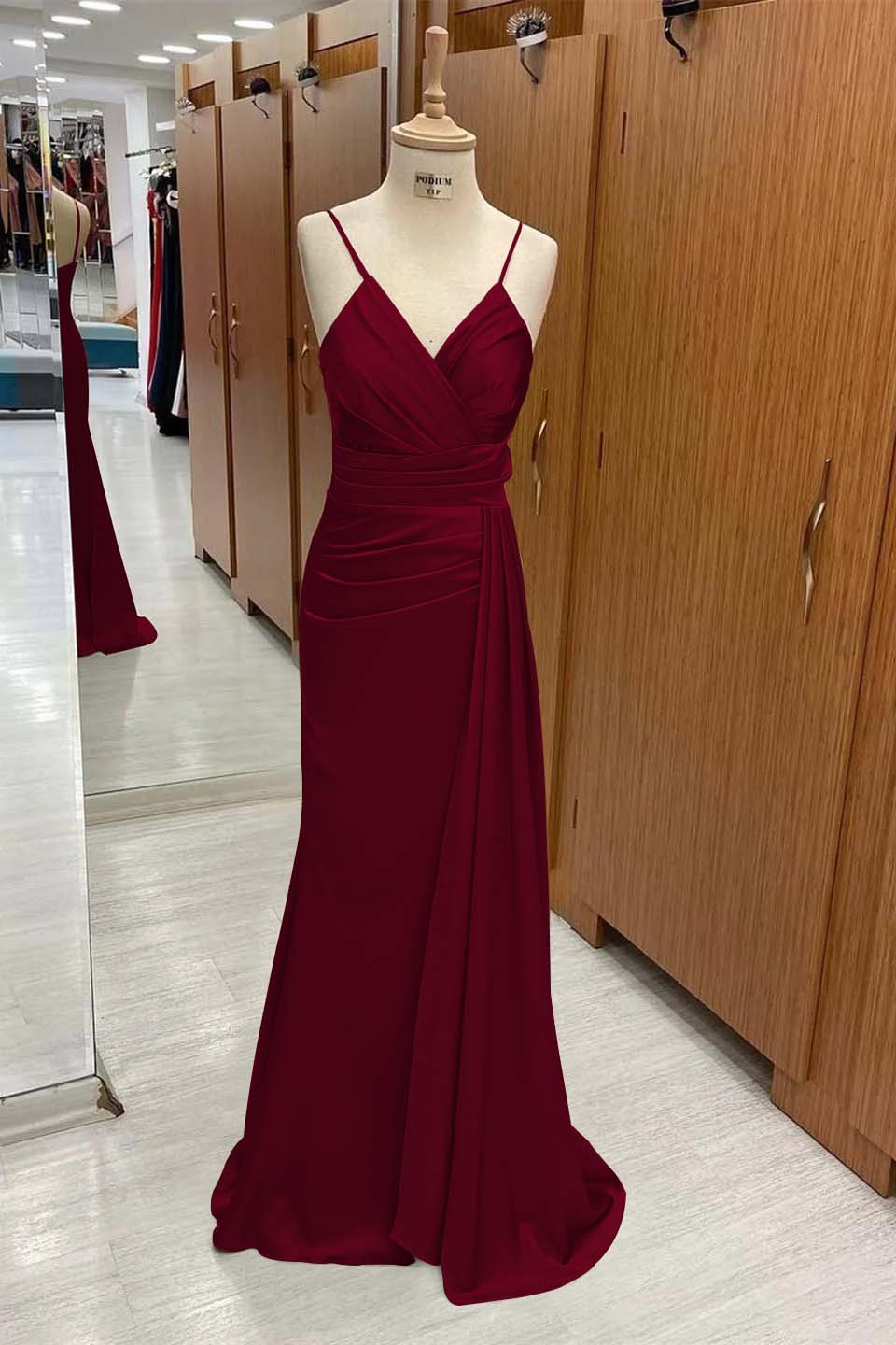 Spaghetti Strap Sleeveless Long Mermaid Prom Dress With Pleated BMBRIDE