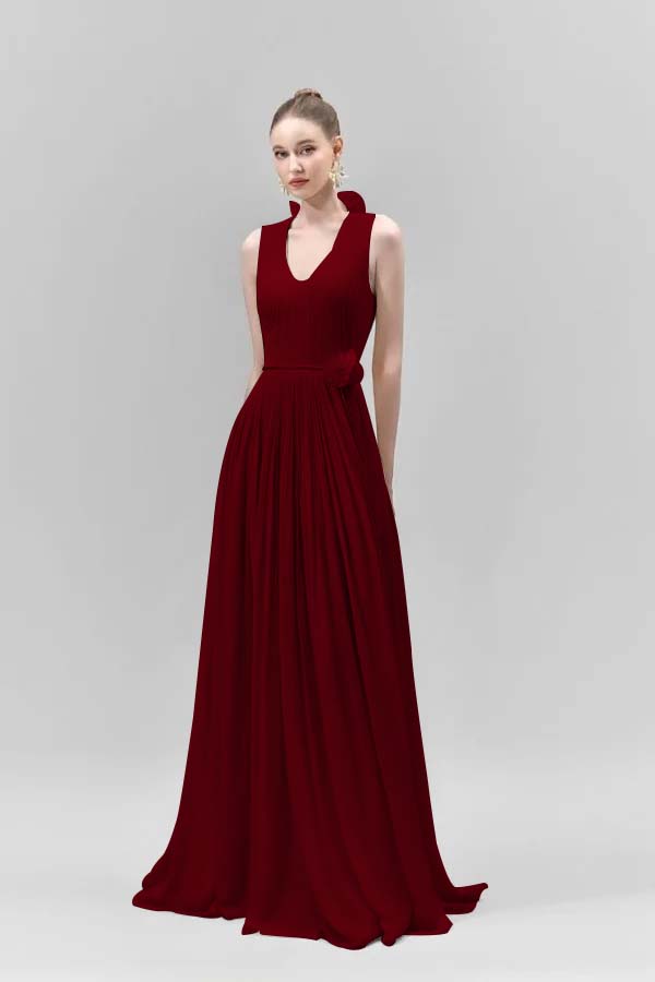 Chic Sleeveless Straps V Neck Long Prom Dress With Pleated Belt