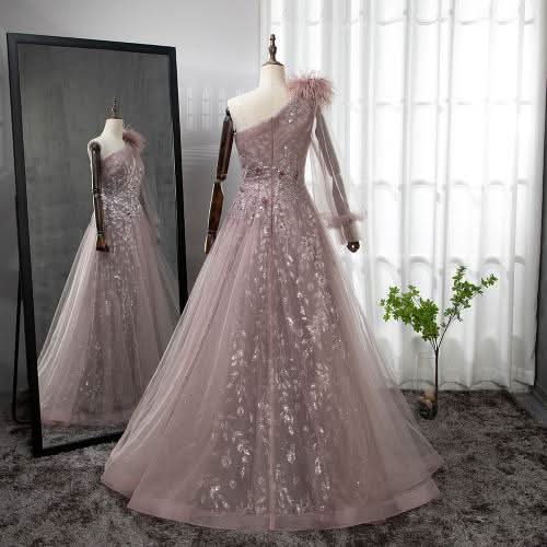 Extreme Pink Sexy One-Shoulder Feather Elegant Evening Dress BM bride