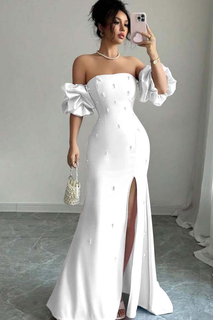 Strapless Bubble Sleeves Long Split Prom Dress With Beading BMBRIDE