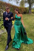 Stunning One Shoulder Sleeveless Dark Green Prom Dress Long With Pleated BMBRIDE