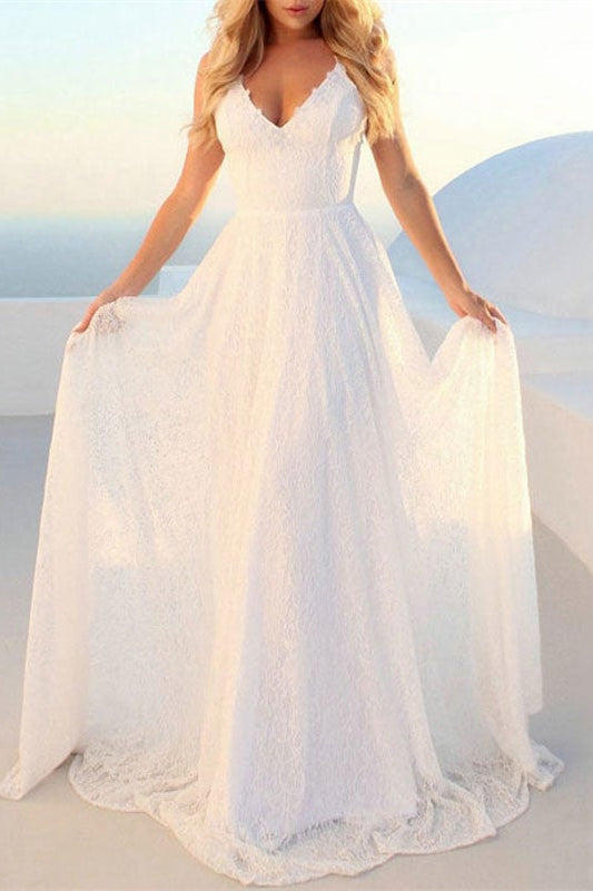 V-Neck Lace Beach Wedding Dress BM bride