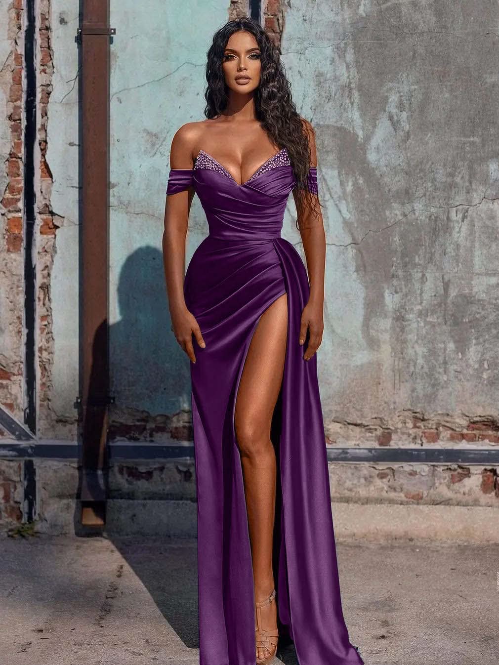 Dusty Blue Off-the-Shoulder Mermaid Prom Dress with Slit BM bride