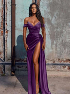 Dusty Blue Off-the-Shoulder Mermaid Prom Dress with Slit BM bride