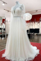 Long A-Line Sweetheart Wedding Dress with Sleeves, Appliques, Tulle, and Beadings BM bride
