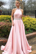 Halter Sleeveless Backless A Line Long Prom Dress Pink Belt With beadings