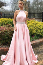 Halter Sleeveless Backless A Line Long Prom Dress Pink Belt With beadings