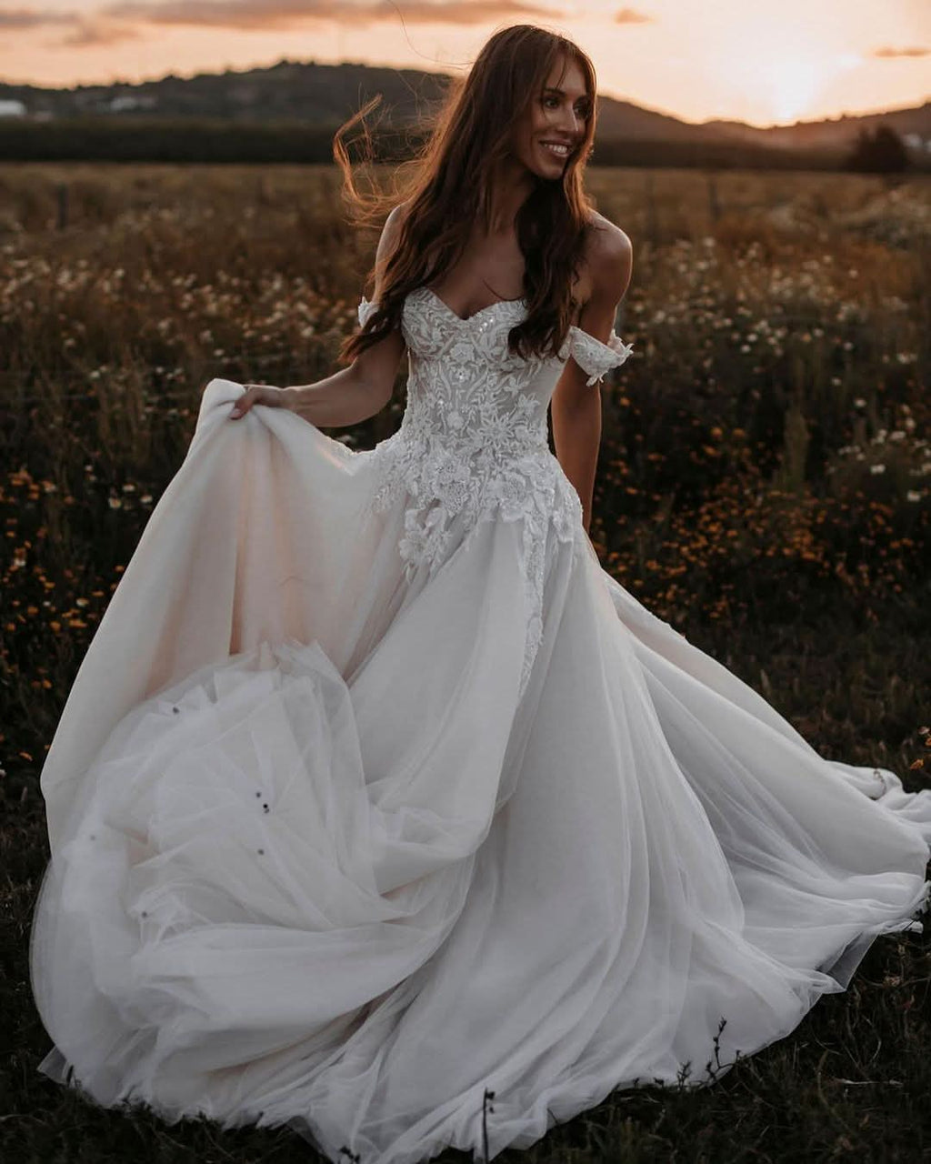 A-Line Off-the-Shoulder Tulle Wedding Dress with Lace Appliques BM bride