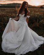 A-Line Off-the-Shoulder Tulle Wedding Dress with Lace Appliques BM bride