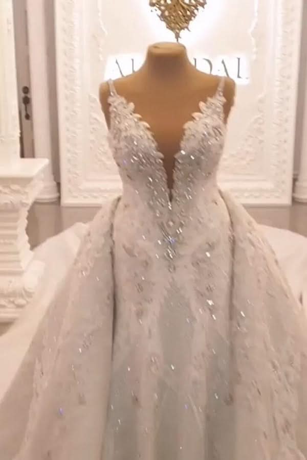 Spaghetti-Straps Sweetheart A-line Backless Wedding Dress With Appliques Lace BM bride